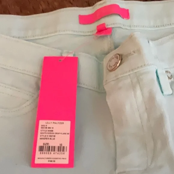 NWT LILLY PULITZER SOUTH OCEAN CROP JEANS FLARE JEWELED WHISPER BLUE 10 NEW